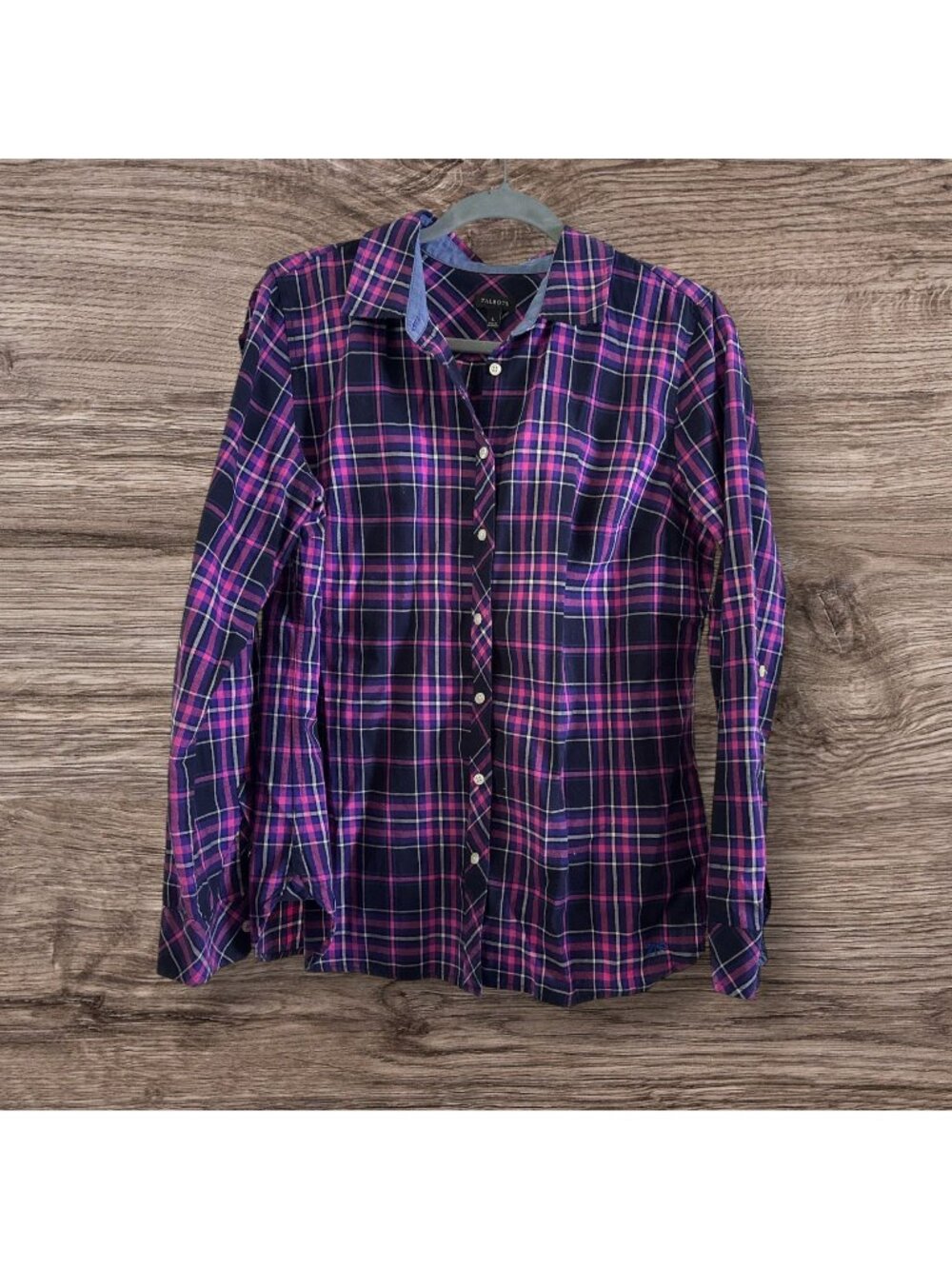 Talbots Classic Cotton Shirt Tahoe Plaid Purple Navy Magenta Plaid Patter L